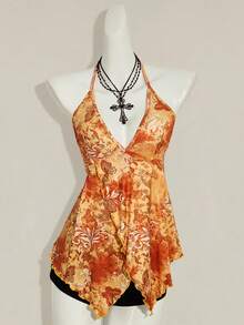 SHEIN ICON Print Asymmetric Hem Fashion Halter Neck Tank Top - Orange - View 3