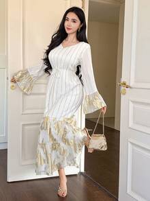 DAZY Women's Elegant Floral & Striped Patchwork V-Neck Flare Sleeve Mid-Length Dress, Spring/Summer Wedding Guest Dress Sundress - White - View 7