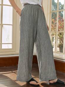Dazy-Less Women's Casual Striped Print Loose Wide Leg Pants, Suitable For Vacation, Daily Commute Summer - Grey - View 2