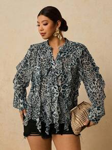 Travachic Plus Size Women Chiffon Leopard Print Long Sleeve Blouse, Leopard Print Ruffle Hem Shirt - Multicolor - View 6
