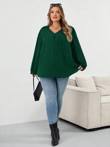 SHEIN CURVE+ 大码女装秋冬休闲宽松舒适V领黑色长袖衬衫，秋季女装，女式衬衫，大码上衣，复古风，黑色上衣，商务休闲女装，办公室女装，W码，教师衬衫，女士秋冬服装，冬季，大码 - 墨綠色 - 查看 6