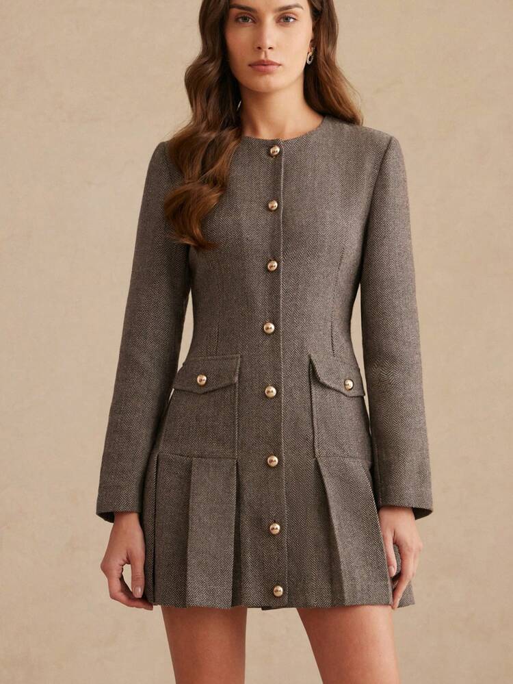Aveloria Zanirela Collarless Herringbone Striped Wool Jacket, Retro British Style, Pearl Buttons, Long Sleeve Mid-Length, Pleated Hem, Pocket Decor, Elegant Autumn/Winter Coat, Women's Commuter Style, Graceful And Generous. Fashionable Design Sense, Versatile Casual Placket Button Flap Pocket Long Sleeve Dress - Multicolor - View 6