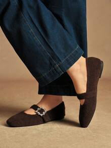 Rosivie Women's Classic Crystal Decorated Square Toe Flat Shoes - Brown - View 6