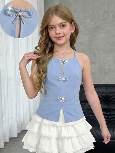 Firerie Kids Firerie Kids Tween Girl Red Knit Fitted Rhinestone Bow Decor Slit Halter Neck Cami Top, Y2K, Back To School, Mommy And Me Matching