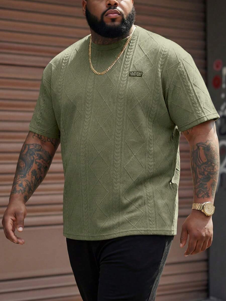 Manfinity Homme Plus Size Men's Solid Color Round Neck Short Sleeve Casual T-Shirt, Olive Green T Shirt Men, Green Textured T Shirt Men - Army Green - View 1
