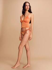 lacRébo Orange Glitter Bikini Set With Crop Top And Tie-Side Bottoms Spring-Summer Style Boho Vacation Swimwear Spring Summer Holiday Swimsuit Beach Outfit Orange Two Piece Set Orange Swimsuit Women Orange Bikini - Orange - View 4