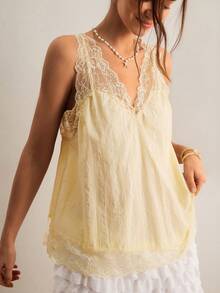 Freevana Women's Pale Yellow Summer Elegant Tea Party Boho Deep V-Neck Lace Trim Cotton Textured Loose Cami Top Sleeveless Babydoll Vintage Blouse - Pale Yellow - View 11