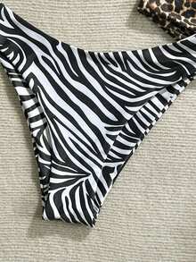 Swim Vcay 2026春夏吊带黑白斑马纹+黑棕豹纹吊带露背高衩丁字裤比基尼四件套泳衣，适合度假和派对穿着 - 彩色 - 查看 4