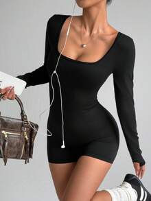 Velisys 女士时尚运动交叉设计露背紧身连体裤机场穿搭全身紧身连体裤机场穿搭健身女装 - 黑色 - 查看 3