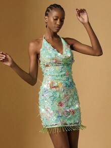 Briarwyn 女士性感时尚垂褶领连衣裙，饰有3D立体花卉图案 - 綠色 - 查看 9