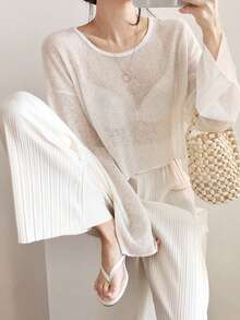 DAZY Loose Fit Sheer Lightweight Long Sleeve Women Oversized T-Shirt - White - View 3