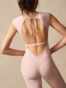 VARSIVA 女士纯色简约短袖连体裤，休闲运动装 - 粉色 - 查看 9