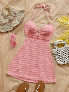 Soleia 性感V领海星金属装饰系带露背纹理面料A字迷你连衣裙，适合假日、约会、下午茶、度假、音乐节、波西米亚风等场合。 - 粉色 - 查看 3