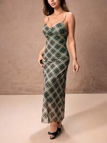 ROMWE PETITE Vestido largo ajustado con estampado de cuadros retro para mujeres - Verde - Ver 5