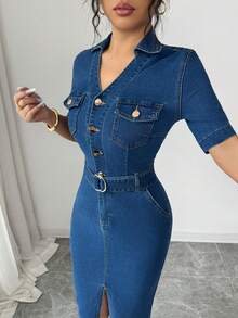 Elenzga Women's Casual Washed Fitted Denim Dress, Summer - Blue - View 5