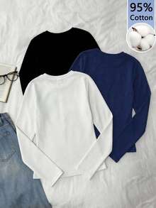 Tseoso 3pcs Black & White Casual Long Sleeve Fitted Long T-Shirt Set, Suitable For Autumn & Winter, 95% Cotton - Multicolor - View 2