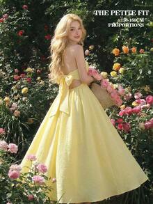 SHEIN MOD Petite 黄色露背蝴蝶结连衣裙，浪漫波西米亚风 - 黃色 - 查看 3