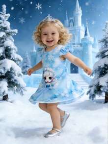 SHEIN 女婴夏季无袖卡通公主雪花印花圆领时尚公主连衣裙，适合日常外出穿着 - 藍色 - 查看 4