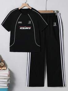 Mirajuku 2pcs/Set Teenage Boys' Casual Letter Print Round Neck T-Shirt And Sports Pants Set - Black - View 9