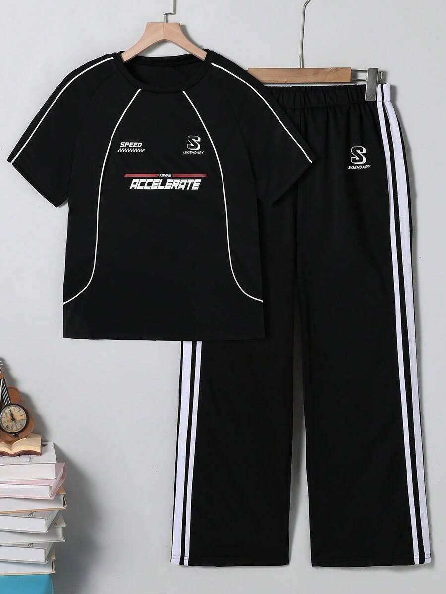 Coolqubz 2pcs/Set Teenage Boys' Casual Letter Print Round Neck T-Shirt And Sports Pants Set - Black - View 1