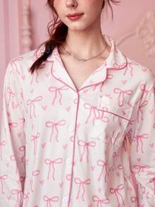 Bonmuse Bộ đồ ngủ in nơ thanh lịch 2 món, bao gồm áo dài tay thoải mái có cổ và quần cạp chun rộng rãi, thích hợp làm đồ ngủ, mặc đi chơi, dự tiệc, mặc được mọi mùa, mặc mùa đông - Hồng - Xem 6