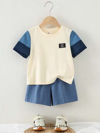 Cozy Pixies 2pcs/Set Young Boy Contrast Color Knit Label Round Neck Short Sleeve Top And Elastic Waist Shorts