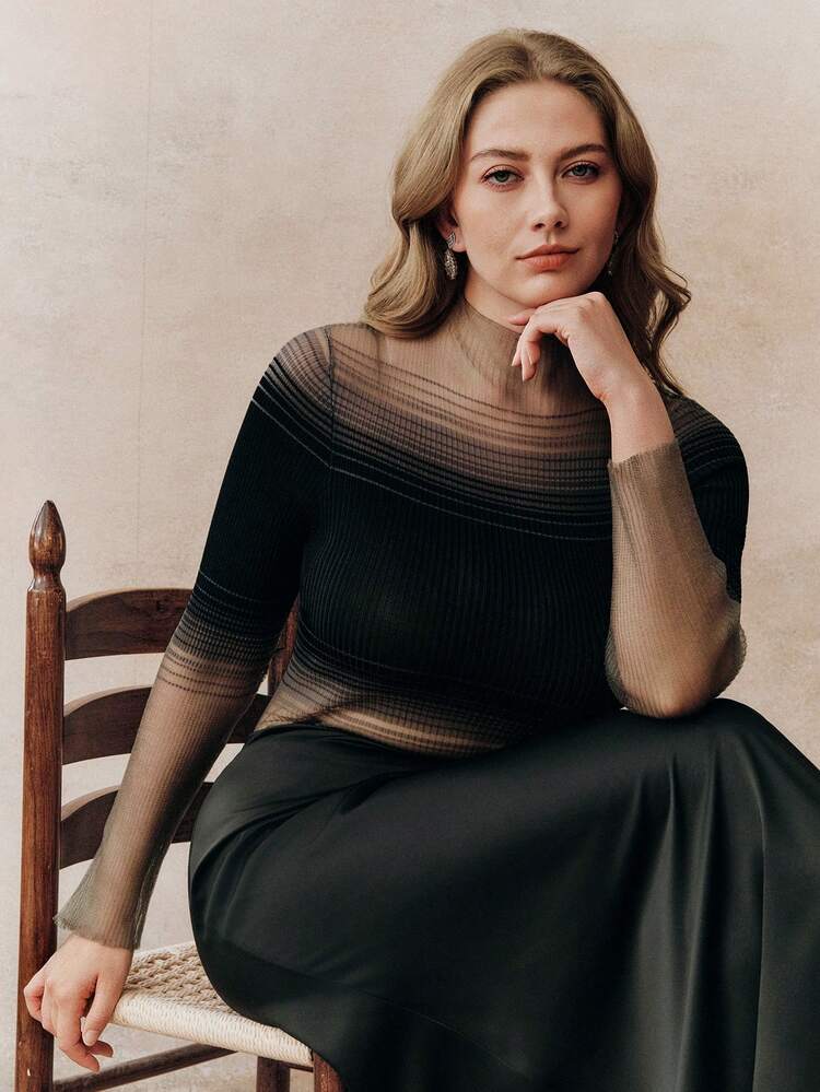 Femmes grande taille T-shirt à col roulé à manches longues avec couleurs contrastées, top moulant à manches courtes