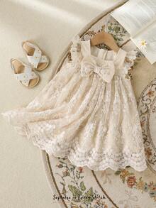 Cozy Pixies Đầm không tay cổ bèo nhún thắt eo cho bé gái, đa năng và thoải mái. - Màu be - Xem 9