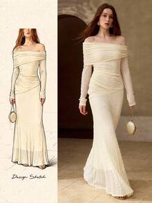 MOTF PREMIUM 女士弹力针织提花露肩褶皱优雅约会连衣裙 - 米色 - 查看 1