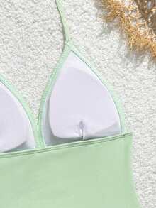 SHEIN Tween Girls Tankini 2-Piece Swimwear Set, Mint Green Ribbed Fabric Camisole Top With Adjustable Shoulder Straps, Seashell & Starfish Decor, Matching Triangle Bottoms, Cute Beach/Pool/Vacation Outfit For Summer High Waist Swimwear Set Modest Bikini Set Bathing Suit Set Swimwear Girls Set Swimwears Green High Waist Swimsuit Set Swimsuits For Teen Girls Green - Green - View 4