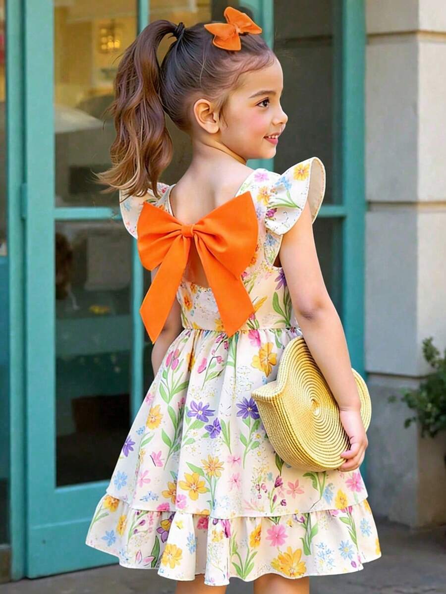 夏季波西米亚风，柔软舒适，碎花图案，甜美青春；飘逸的袖子搭配背部的大蝴蝶结，活泼俏皮；收腰设计搭配A字裙摆，贴身显瘦；柔软舒适的面料，荷叶边下摆增添少女魅力，适合日常穿着、外出和聚会。优雅的碎花连衣裙，儿童碎花连衣裙，女童蝴蝶结连衣裙，橙色蝴蝶结连衣裙 - 彩色 - 查看 1
