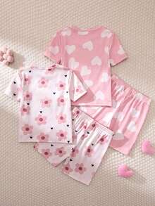 女童紫色花卉印花和冰淇淋印花全印花短袖短裤两件套睡衣 - 彩色 - 查看 2