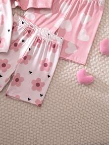 女童紫色花卉印花和冰淇淋印花全印花短袖短裤两件套睡衣 - 彩色 - 查看 4