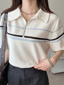 FRIFUL 女士宽松撞色半拉链高领T恤衫（夏季款） - 白色 - 查看 7