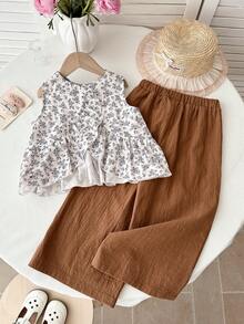 LMoss Kids 2件套女童碎花宽松休闲圆领上衣和裤子套装，夏季 - 彩色 - 查看 6