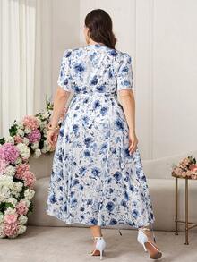 Reflora Plus Size Floral Print Side Tie Flare Sleeve White Summer Elegant Bachelorette Party Tea Party Dress,Wedding Guest Dress For Women,Luxury Evening - Blue and White - View 3