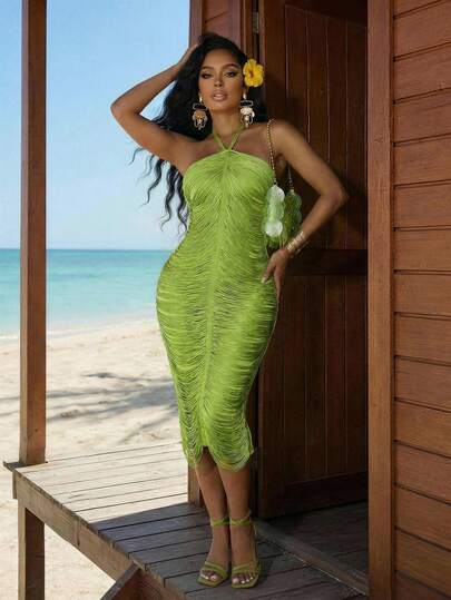 SHEIN Lady 女士纯色露背吊带开衩连衣裙