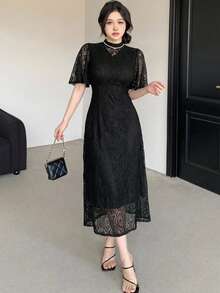 DAZY Elegant Women's Dress, French Retro Hollow Embroidery Waist Cinched Lace Dress Summer - Black - View 4