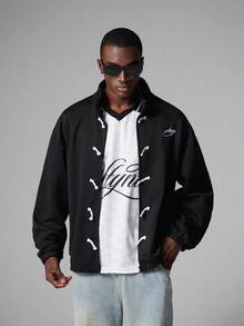 STYNVO Men's Letter Embroidered Button Zipper Hooded Long Sleeve Sweatshirt Sweatshirt - Black - View 4