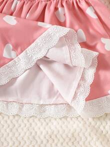 SHEIN 0-9个月新生女婴可爱粉色爱心针织长袖连衣裙，饰有3D蝴蝶结，简约休闲风格，适合日常穿着和户外活动 - 珊瑚粉 - 查看 4
