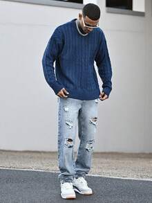 Devon Thys White Yue 男士时尚休闲加厚扭绳纽扣落肩圆领毛衣，适合通勤、秋冬新款、圣诞节、新年穿着，长袖上衣 - 寶藍色 - 查看 6