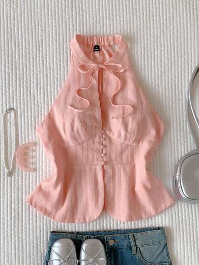 Comfortcana 粉色纹理舒适收腰镂空蝴蝶结领纽扣吊带上衣
