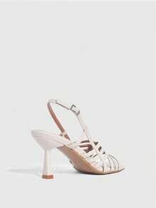 CUCCOO SZL Retro Square Toe Woven Hollow Roman Sandals For Women With French Style Dress Temperament, Minimalist Retro Style Square Toe Cross Thin Strap Versatile Commuting Slim Heel Open Toe Sandals, High Heels Prom Heels Summer Shoes - White - View 3