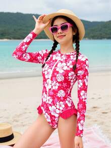 Girls' Long Sleeve Ruffled Rashguard Swimsuit - Multicolor - View 3