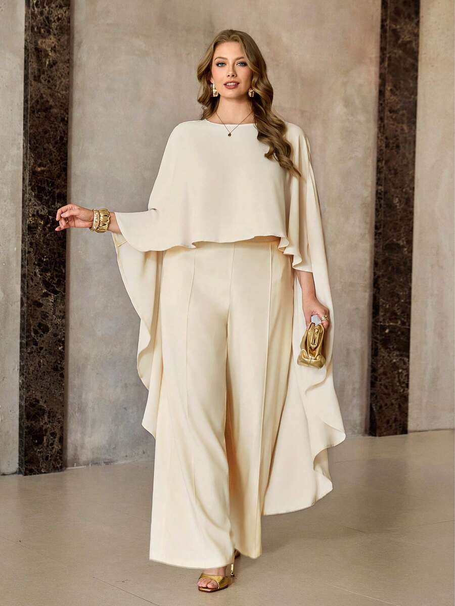 Roveilla Spring/Summer New Women's Chiffon Flowy Shawl Collar Long Shirt With Front Short Back Long Design, Elegant Casual 2-Piece Set With Front Drawstring Pants - Apricot - View 1