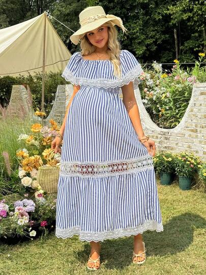 SHEIN 孕妇时尚条纹花卉蕾丝边连衣裙