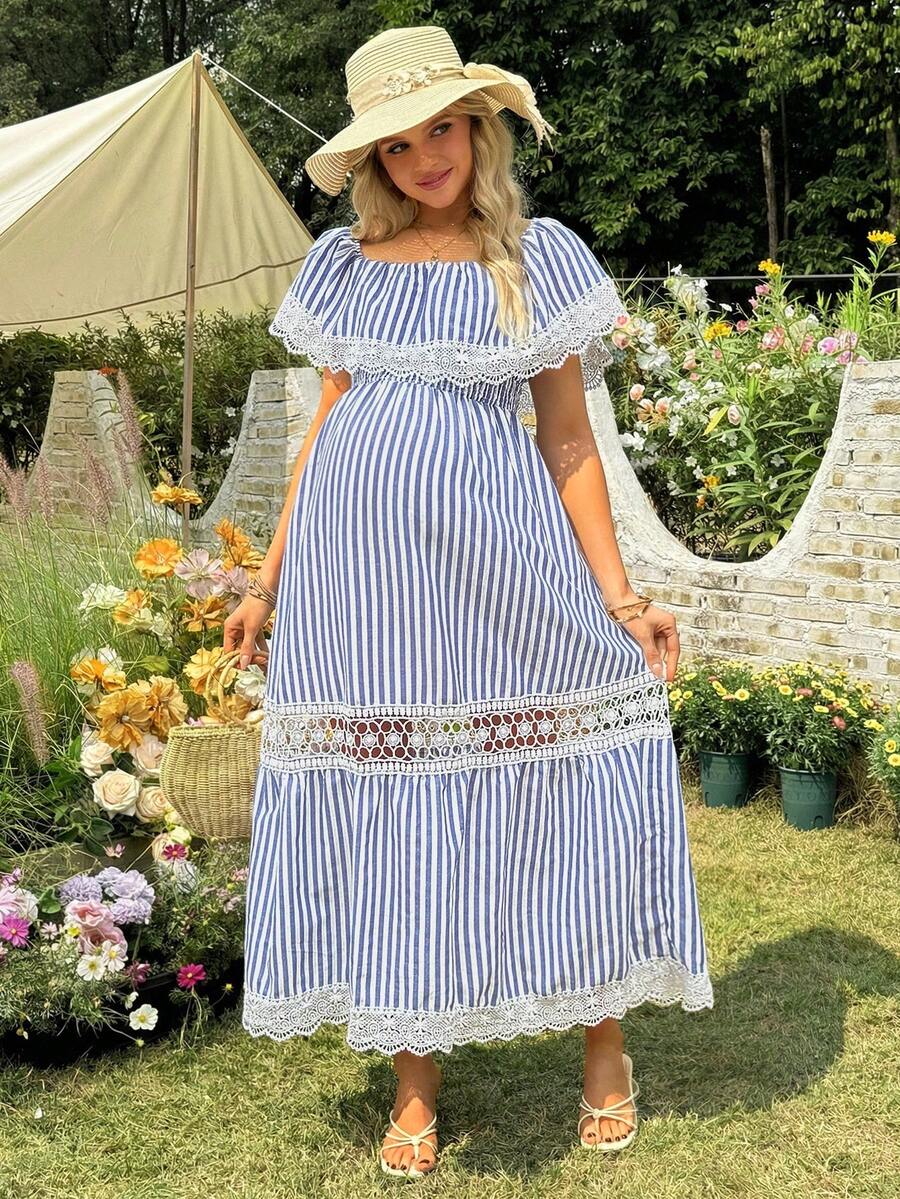SHEIN 孕妇时尚条纹花卉蕾丝边连衣裙 - 藍白色 - 查看 1