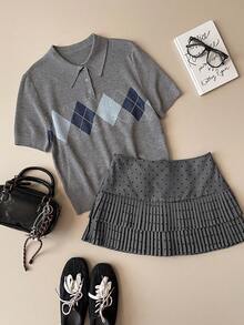 Muvela Spring/Summer New Black Polka Dot Print Grey Pleated Layered Hem A-Line Skirt, Retro Academic Chic Commuter Wear - Grey - View 1