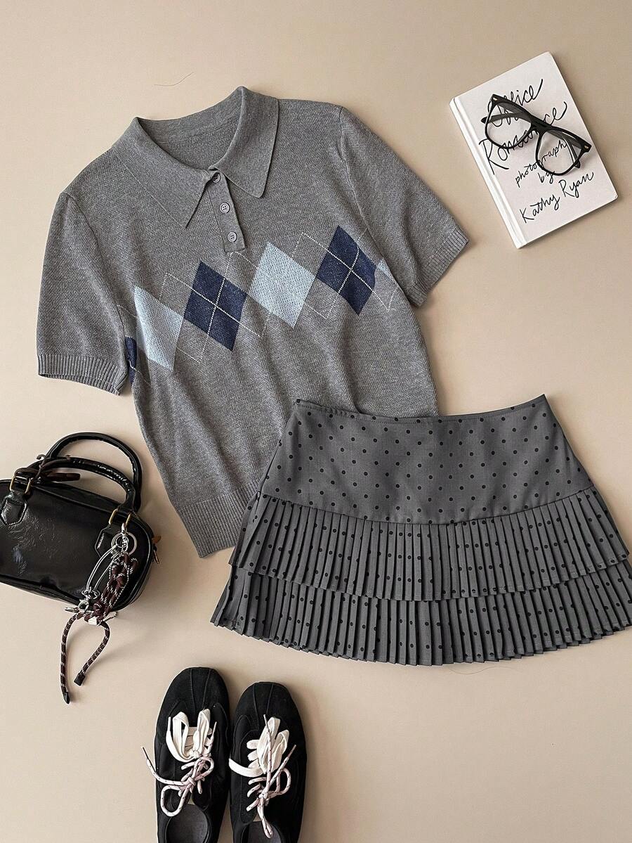 Muvela Spring/Summer New Black Polka Dot Print Grey Pleated Layered Hem A-Line Skirt, Retro Academic Chic Commuter Wear - Grey - View 1