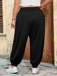 SHEIN CURVE+ Curve 尺码 US22 音乐节、海滨度假、波西米亚风女士高腰宽松抽绳慢跑裤，舒适女裤 - 黑色 - 查看 3